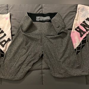 Pink: yoga pants grey and white blue and pink with mesh type material